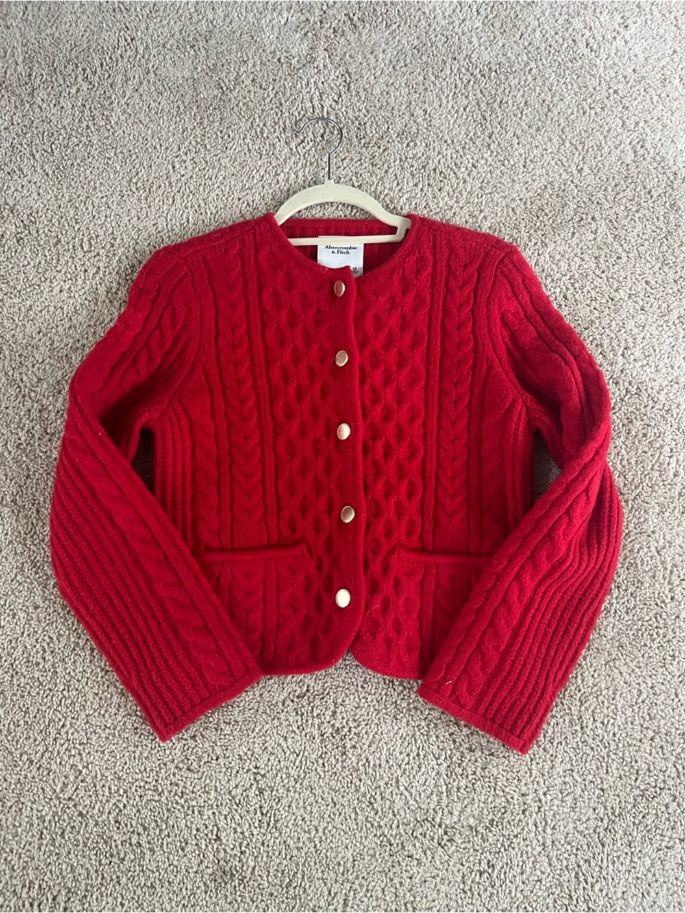 Abercrombie & Fitch Red Cable Knit Cardigan with Gold Buttons